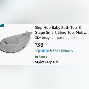 Skip Hop Baby Bath Tub, 3-Stage Smart Sling Tub, Moby, Grey